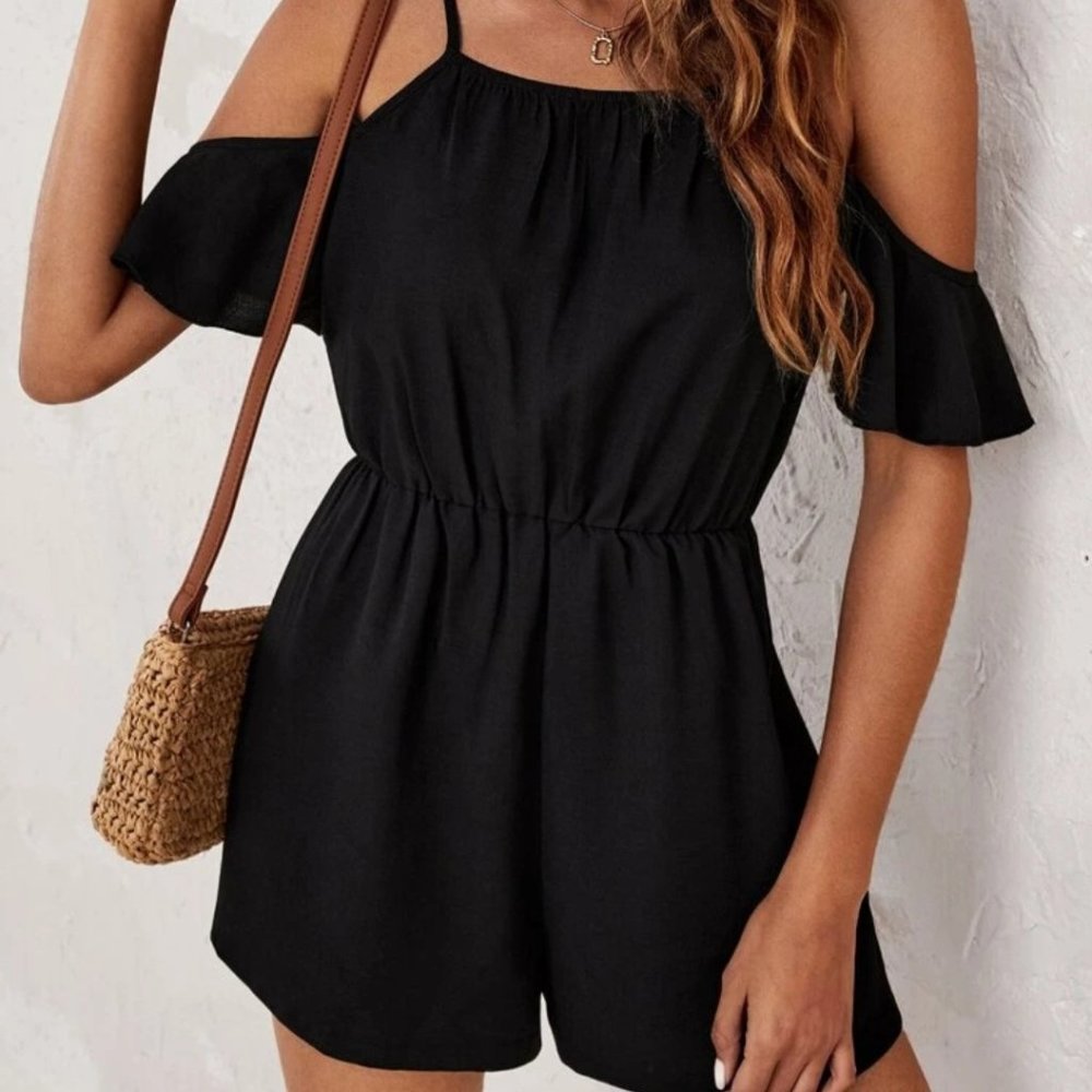 Black Solid Cold Shoulder Romper - Size XL/12